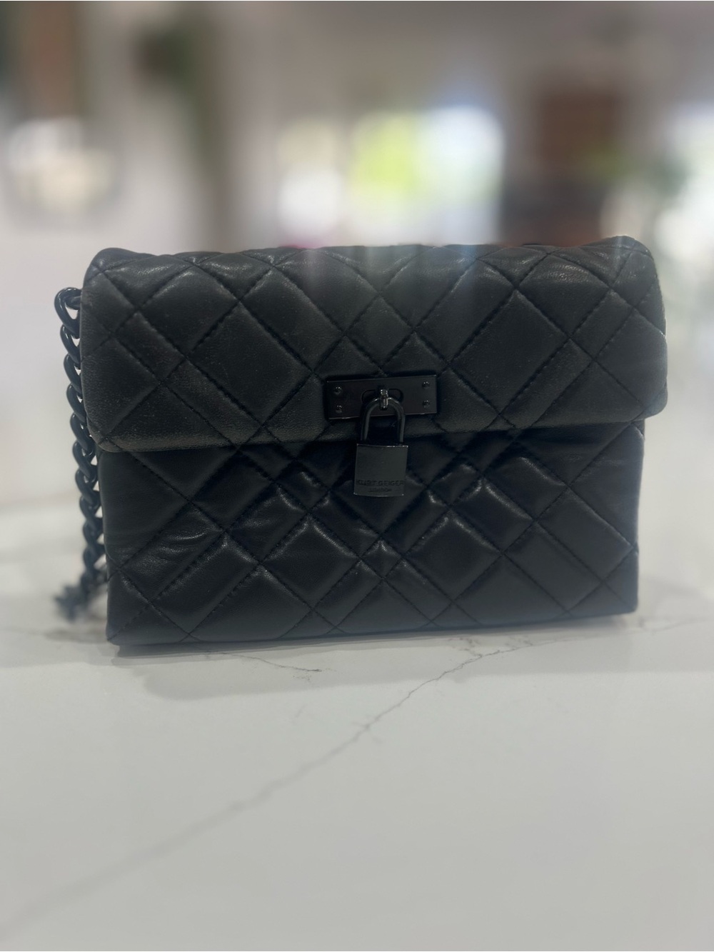Kurt Geiger Black Quilted Lock Mini Shoulder Bag with Chain